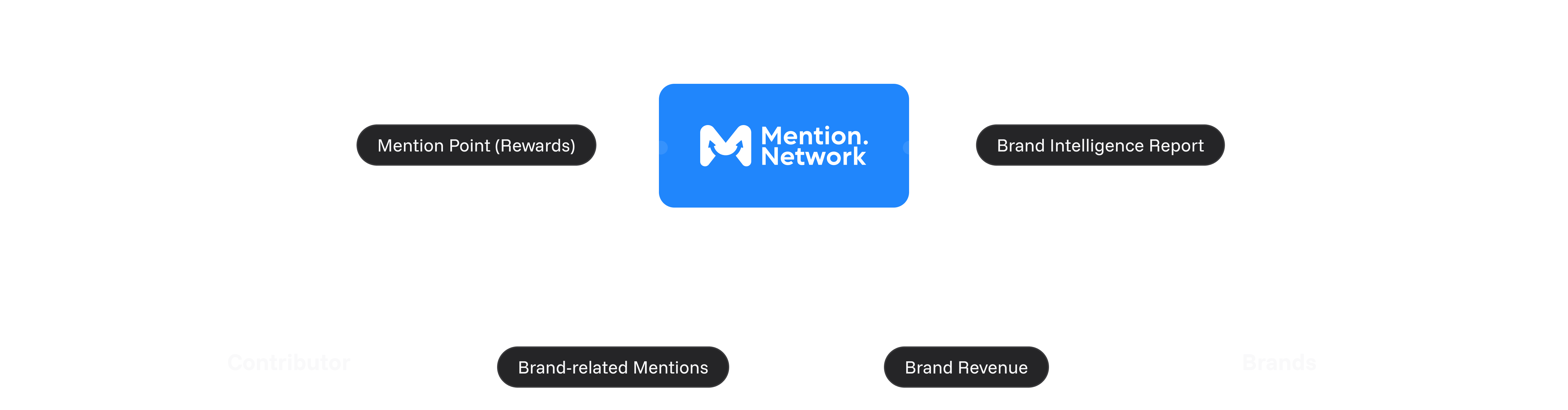 Mention Network data flow diagram showing how contributors earn rewards while brands gain AI visibility insights through a transparent, decentralized system